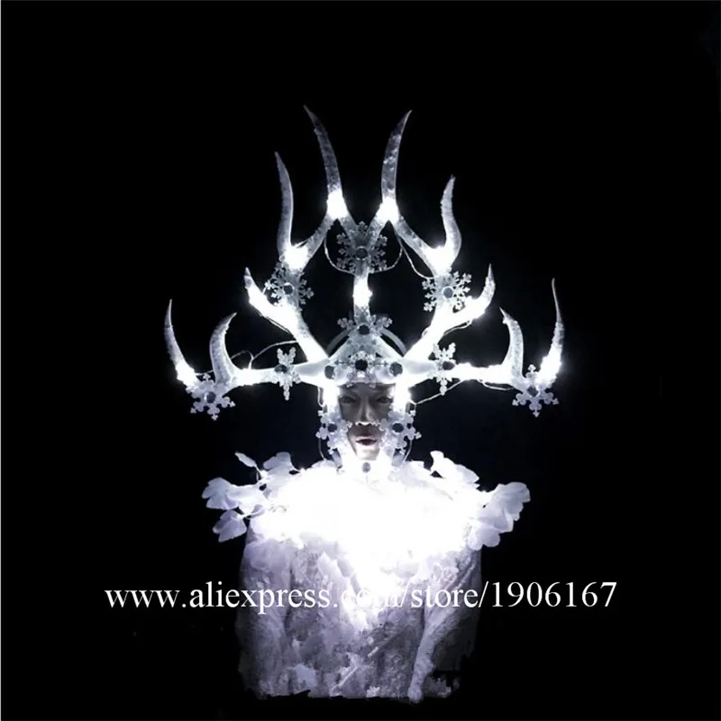 Nightclubs GOGO Men DS White Christmas LED lights Antlers Head Performance Dance Team White Party Costumes03