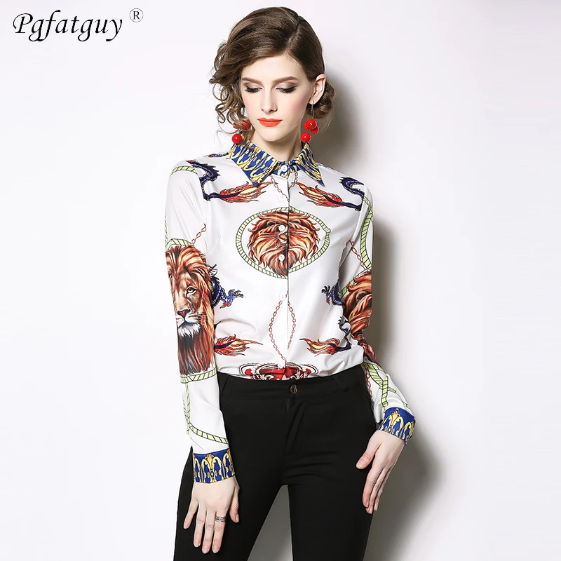 New 2019 Women Blouse Office Shirt Long Sleeve Lion