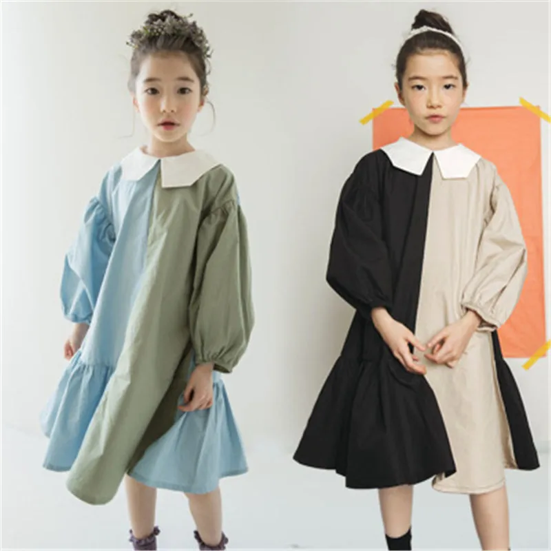 

Two Colors Patchwork Girls Dresses Summer Cotton Baby Princess Girl Dress Fashion Personality Long sleeve Children Clothes