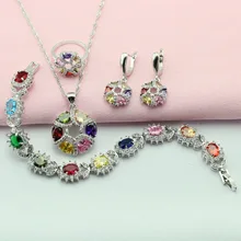 Ronda Multicolor Piedra Plata Conjuntos de Joyas Para Las Mujeres Gota Pendientes/Pulsera/Collar/Pendiente/Anillo de Envío Caja de regalo
