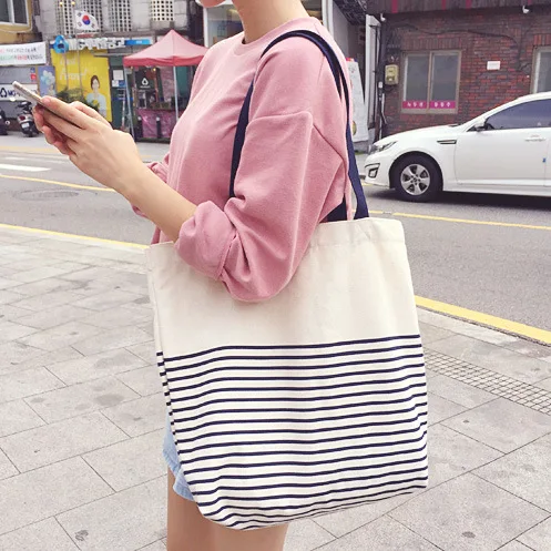 Cotton Stripe Canvas Shopping Tote Shoulder Carrying Bag Eco Reusable Bag Zippered Small Shopping Bag
