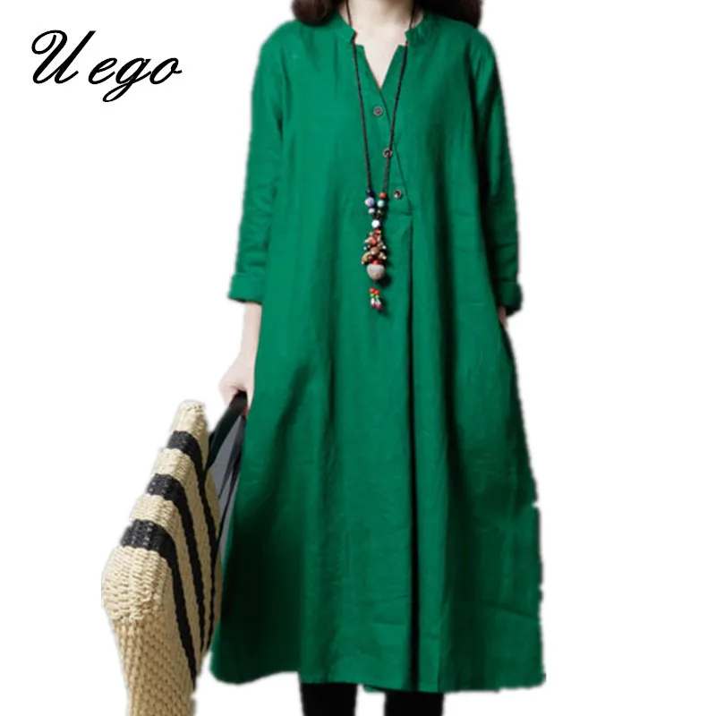 

Uego 2019 New Soft Cotton Linen Spring Dress V-neck Button Plus Size Women Casual Shirt Dress Ladies Midi Dress Female Vestidos