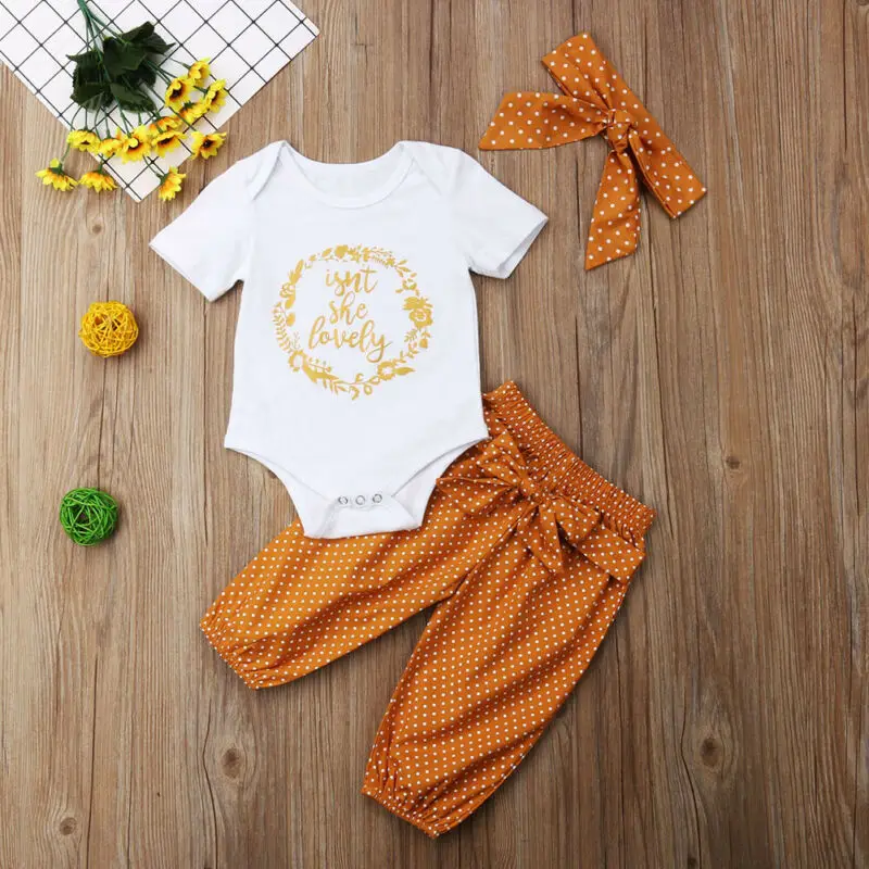 

Baby Girls Clothing Set Isn't She Lovely Cotton Short Sleeve Romper Tops Floral Pants with Headband Outfits
