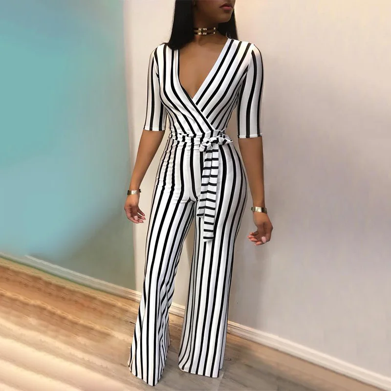 2018 Fashion Deep V One Piece Striped Women Overalls Waist Belted Wide Leg Office Sexy Bodysuit Bodycon Summer Elegant Jumpsuit