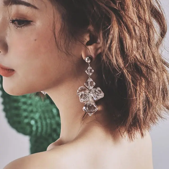 

Women's European style Crystal Exaggerated Long Drop Earrings stylish Color transparent acrylic fashionable Drop Earrings