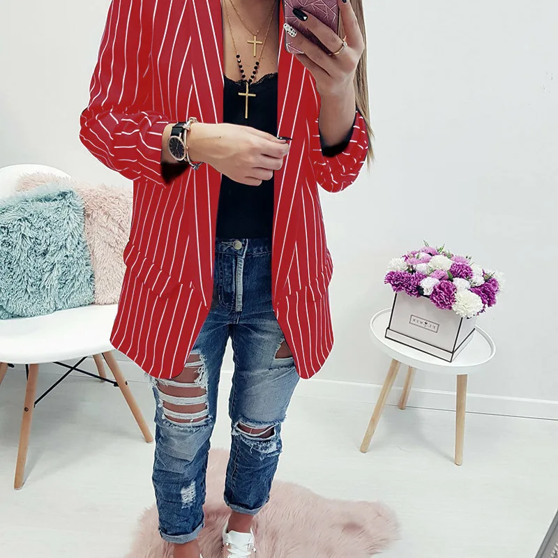 High quality blazer women's outerwear office professional jacket casual sexy open long sleeve striped small suit