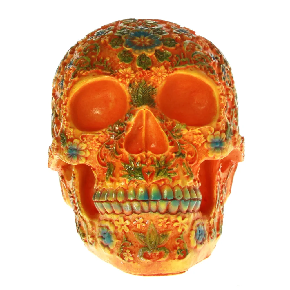 Мексиканский День мертвых ЦВЕТОЧНЫЙ РЕЗНОЙ череп голова смолы статуэтка Dia de los muertos оранжевый Сахарный цветок череп скульптура Хэллоуин