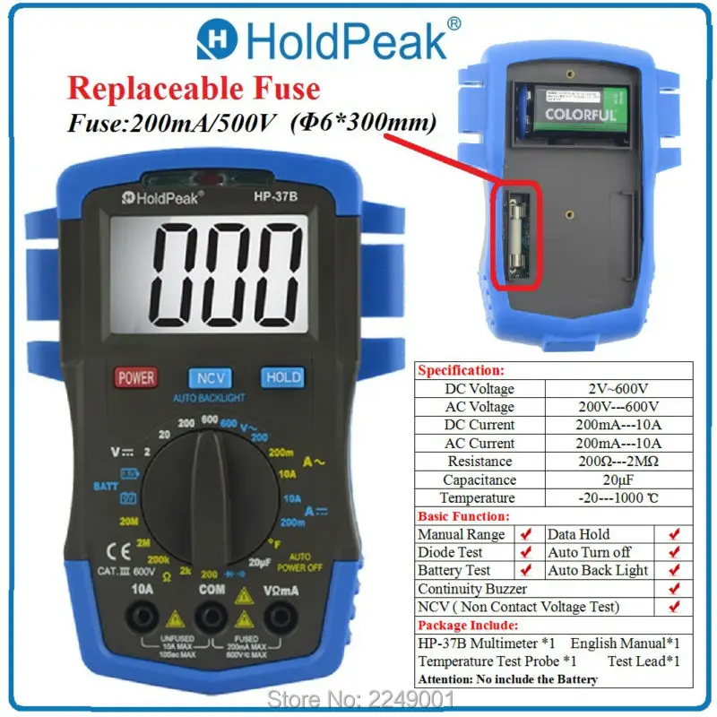 HoldPeak HP-37B Цифровой мультиметр Вольтметр Омметр Амперметр Testeur Electrique