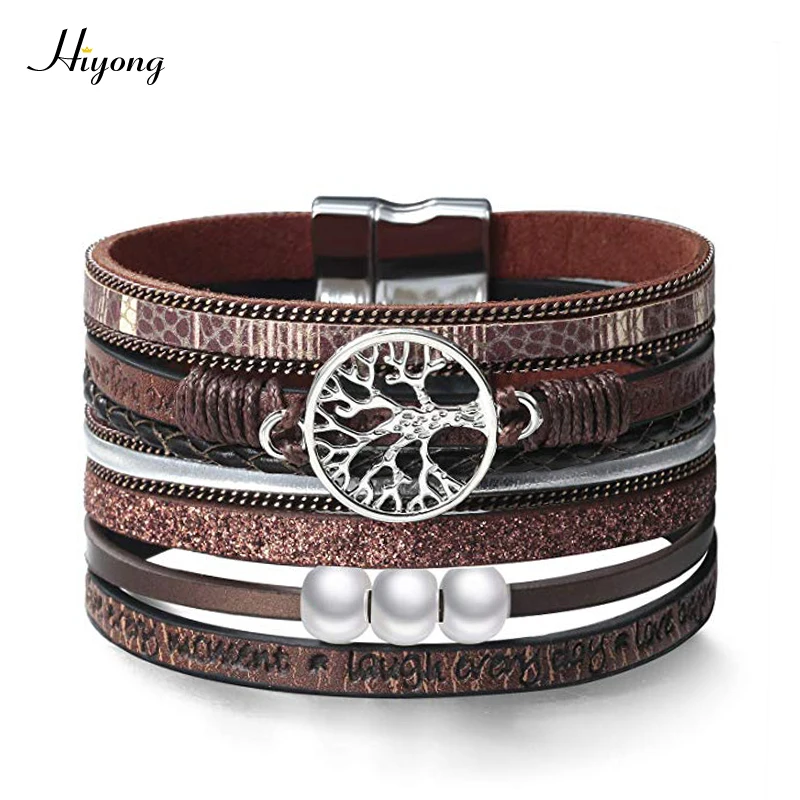 

Fashion 5 Colors Multiple Layer Leather Bracelet For Women Pearl Tree of Life Wide Wrap Bracelet Magnet Clasp Bangles Jewelry