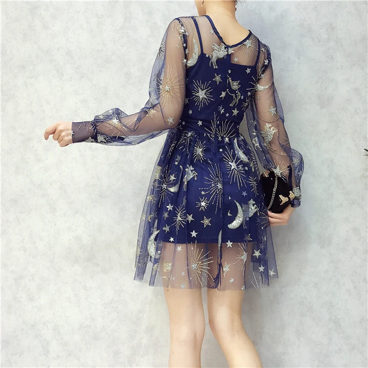 Amolapha женское Сетчатое перспективное платье луна звезды V образным вырезом с длинным рукавом Топы+ платья набор для элегантной женщины