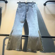 Женские Модные расклешенные брюки на молнии с высокой талией на пуговицах длиной до щиколотки Брюки-клеш с вышивкой потертые свободные хлопковые