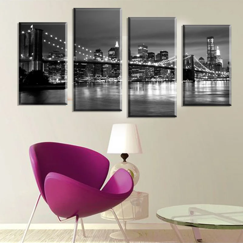 

4 Pieces Modern Wall Painting New York Brooklyn Bridge Home Decorative Black And White Art Picture Prints On Canvas