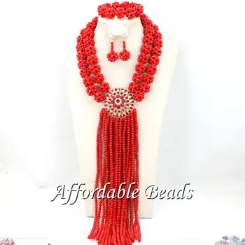 

Red Women Costume Jewelry Set Newest Wedding African Beads Set Best Item Wholesale HEB087