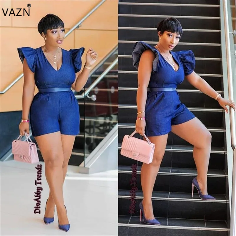 VAZN Hot Sale Sexy Exotic Design 2019 Women Mini Jumpsuits Elegant Short Sleeve Deep V-Neck Overalls Lace Up Romper SY0422 | Женская
