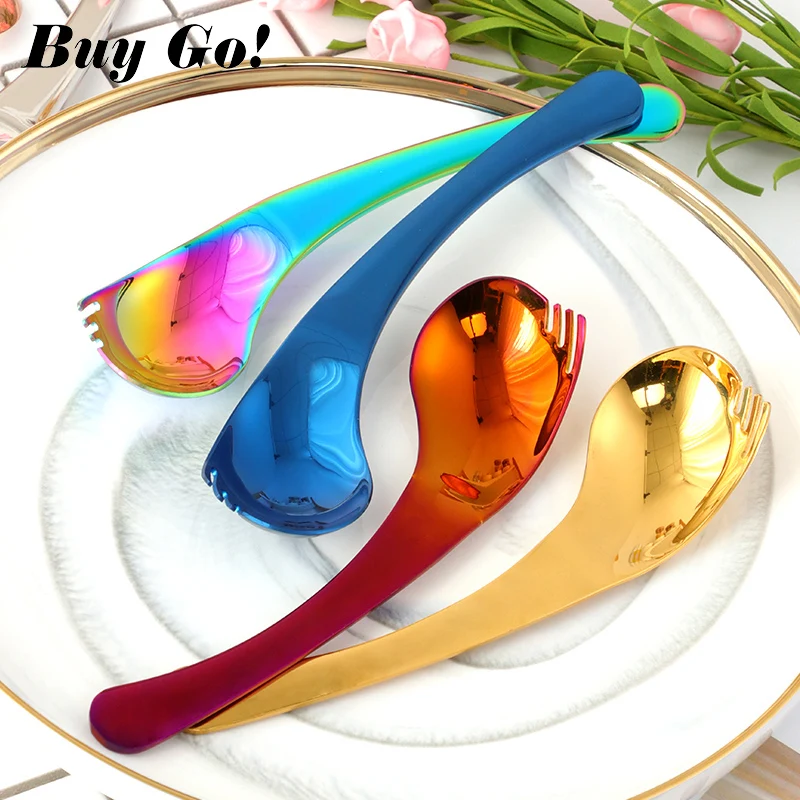 

2PCS Stainless Steel Creative Bend Dessert Spoon Multi-Functional Salad Spoon Fork Colorful Fruit Sporks Kitchen Tableware Tools