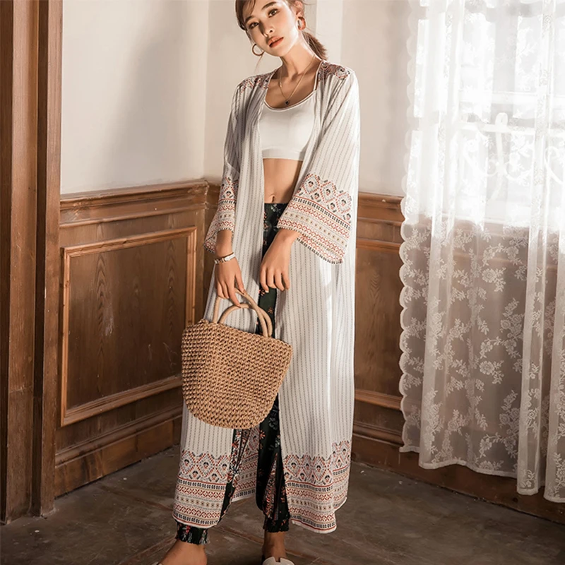 

2019 Long Kimono Cardigans Fashion Chiffon Summer Tribal Retro boho Print Blouses Ladies Shirts Beach Sunscreen Women Clothes