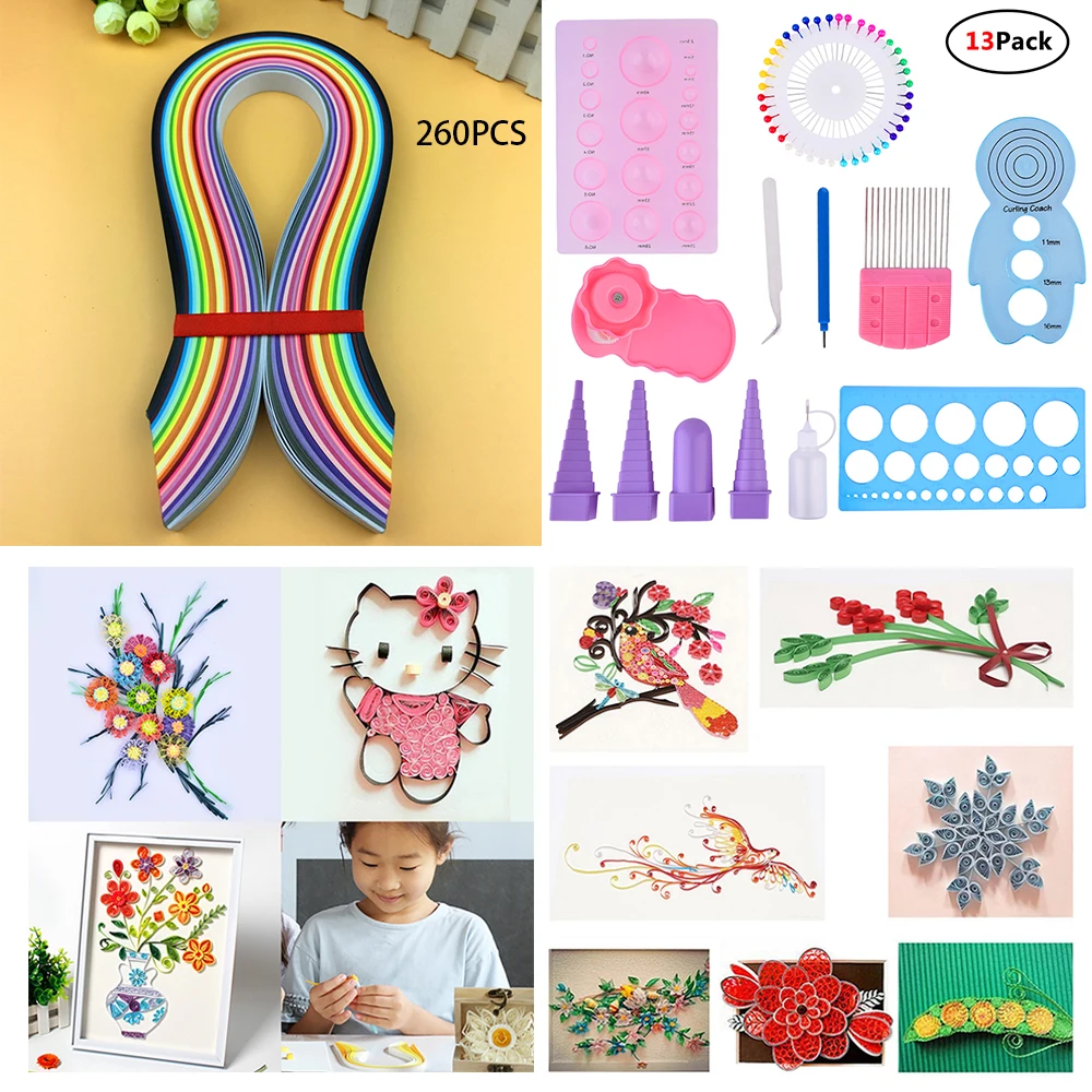 

260pcs Kids DIY Handmade Origami Paper Scrapbooking Craft 13pcs Quilling Paper Tools Set to make Flower Animals Home Decoration