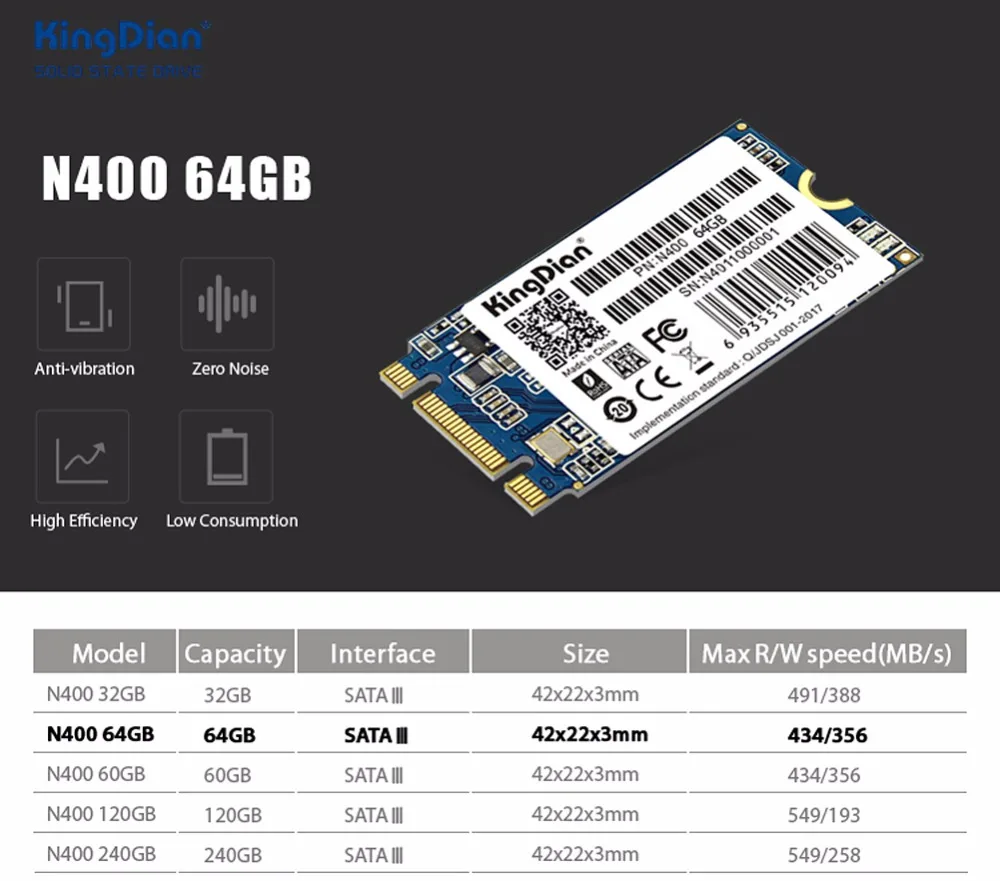 KingDian высокопроизводительный 301/199 Мб/с N400 64 Гб SSD для настольного ПК ноутбука