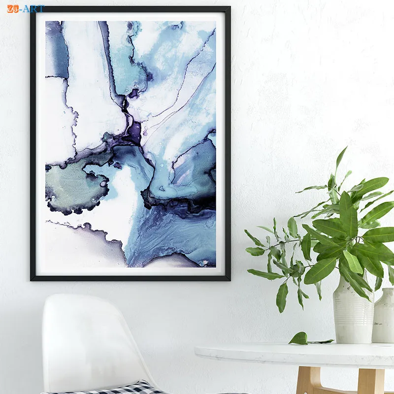 Абстрактным акварельным принтом кисти Wall Art сине белые современный