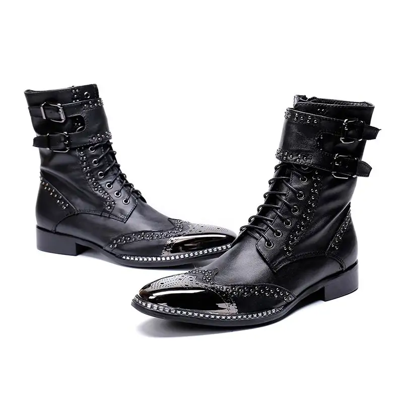 Designer Alta Med Rebites Errfc Punk Moda Top Botas Charme Sapatos Martin Mens Preto Do De Bracelete Homem Couro 1ddwSYq