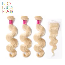 Wowigs Hair Platinum Blonde Body Wave 3 Bundles Deal With Top Lace Closure / Frontal