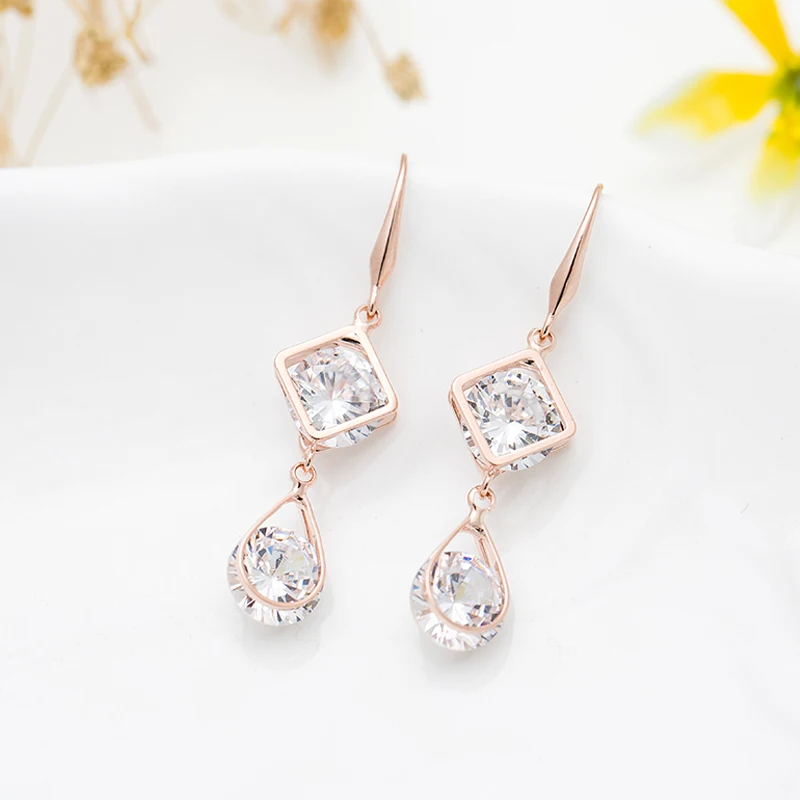 Женские серьги подвески из розового золота с фианитами|long drop earrings|long earringslong earrings