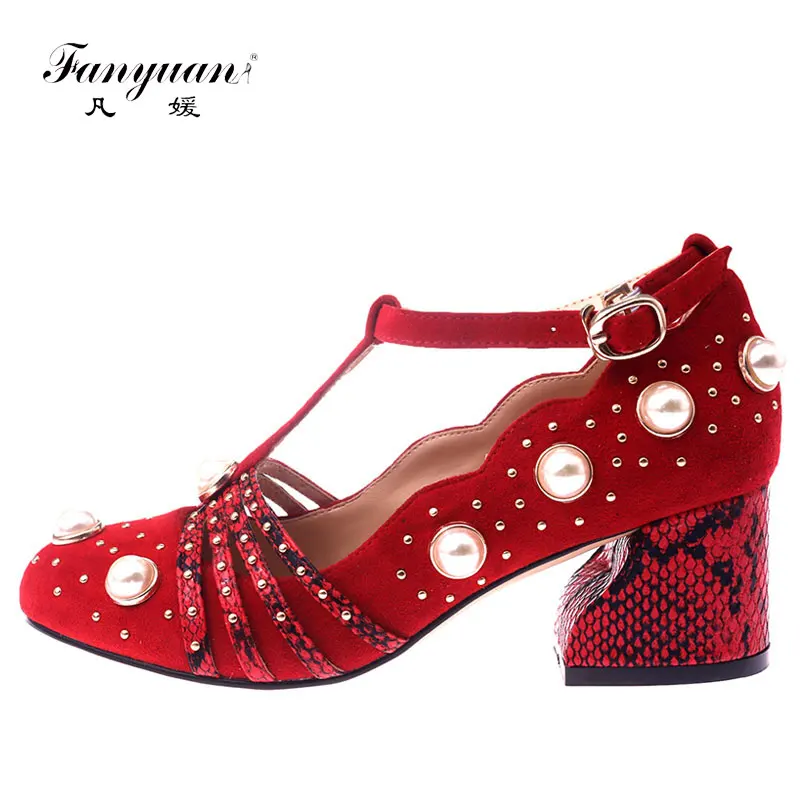 

Fanyuan Genuine leather Suede Pumps Women Shoes T-strap Hoof Heel sapatos feminino Bridal Wedding Pearl Women High Heels
