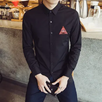 

2018 New Men's Casual Stretch Fashion High Quality Triangle Embroidery Tide Black And White Shirt Two Colors