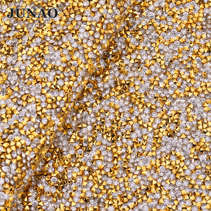 

JUNAO Clear and Gold Hotfix Crystal Rhinestone Trim Fabric Sheet Diamond Mesh Iron On Resin Crystal Applique for DIY Crafts