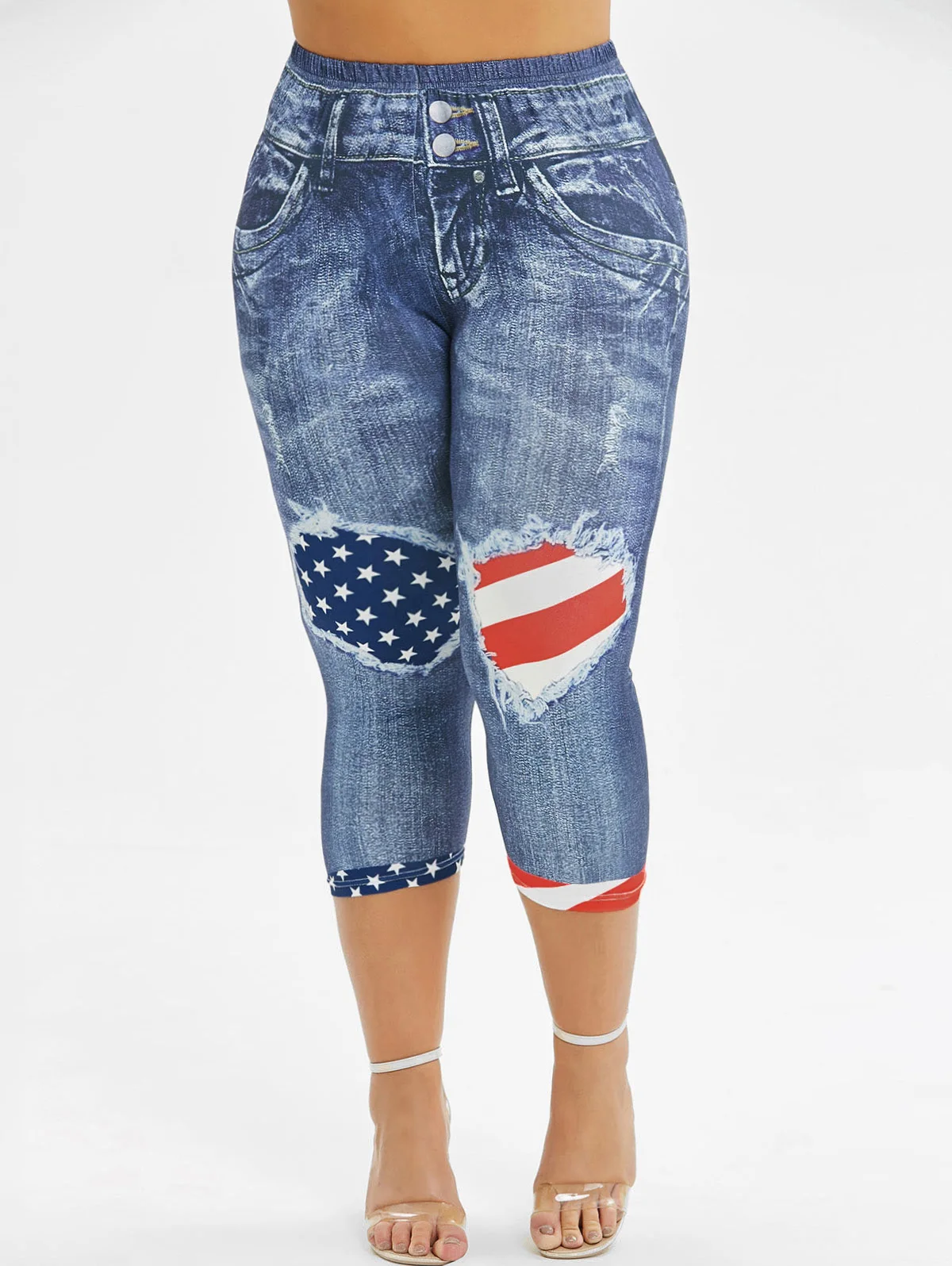 Wipalo Модные женские длинные штаны с высокой талией размера плюс 3D джинсовые лосины американского флага повседневные обтягивающие леггинсы 5XL - Цвет: Blue