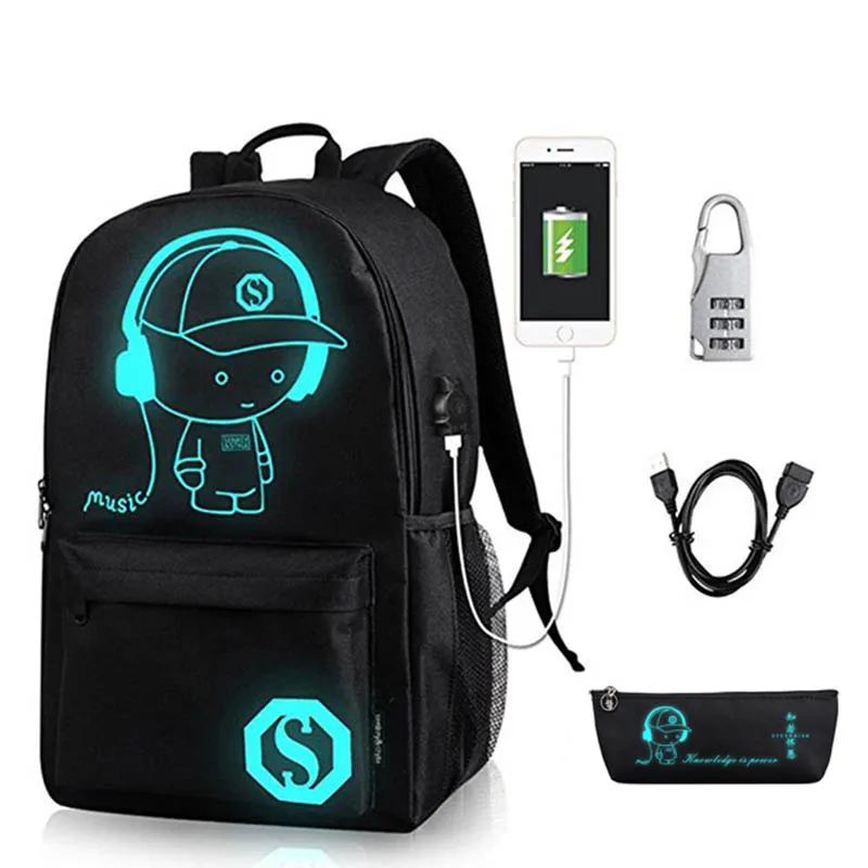 

Anime Luminous School Backpack For Boy Student Daypack Shoulder Under 15.6-inch with USB Charging Port and Lock School Bag Black