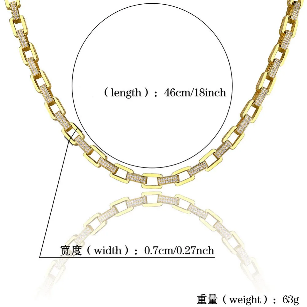 Хип-хоп мужские цепочки с прямоугольными звеньями медное ожерелье Золото Серебро Микро Проложить CZ каменный ящик застежка с кольцом цепочка ожерелье s 18 дюймов 22 дюйма