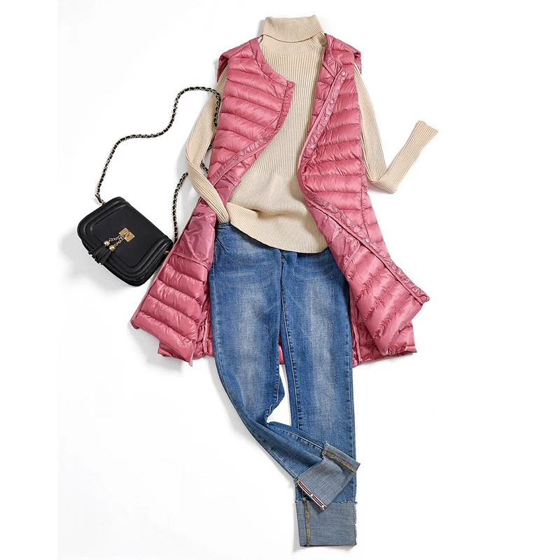 

New Spring Autumn Ultra Light Long Down Vests Women White Duck Down Lightweight Parkas Female Warm Thin Sleeveless Jackets Mw525