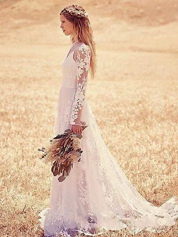

Style Lace Vintage Boho beach Wedding Dress Custom Make Elegant Scoop Floor-length Hollow Back Long Sleeve Bridal wedding Gown