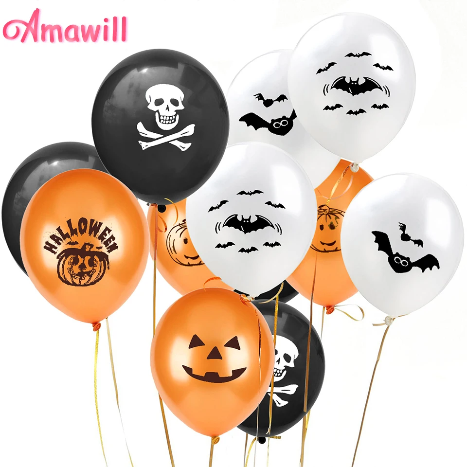 Amawill 20pcs Halloween Orange Latex Balloons Skull Pumpkin