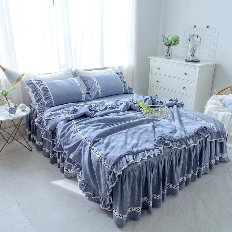 

Luxury bedding set light blue ruffle lace duvet cover bed skirt bedspread princess pillowcase twin full queen king bedclothes
