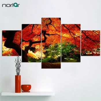 

5Pcs Modern Home Decorative Wall Art Picture Printed Sunlight Forest Red Woods Dutumn Oil Painting on Canvas Art Prints NO Frame