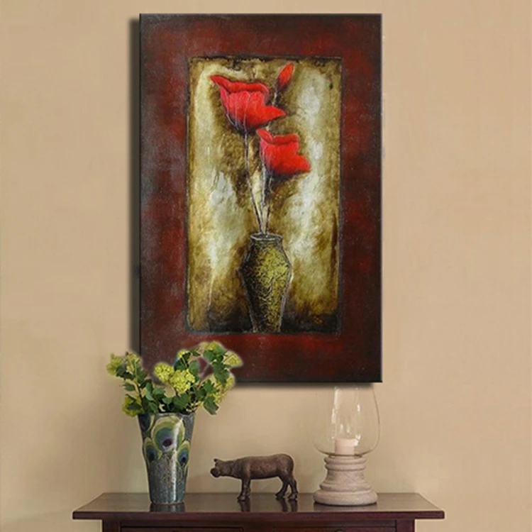 

Handmade decorative flower painting red flower in gold and brown background on canvas to decorate rooms home