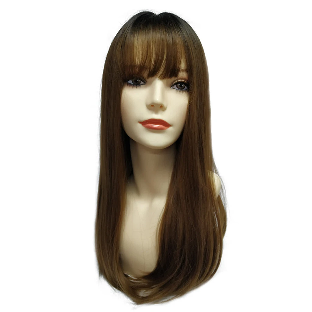 

22inch Long Straight Synthetic Wig Black Gradient Brown Color Hairpiece with Bangs, Natural Looking