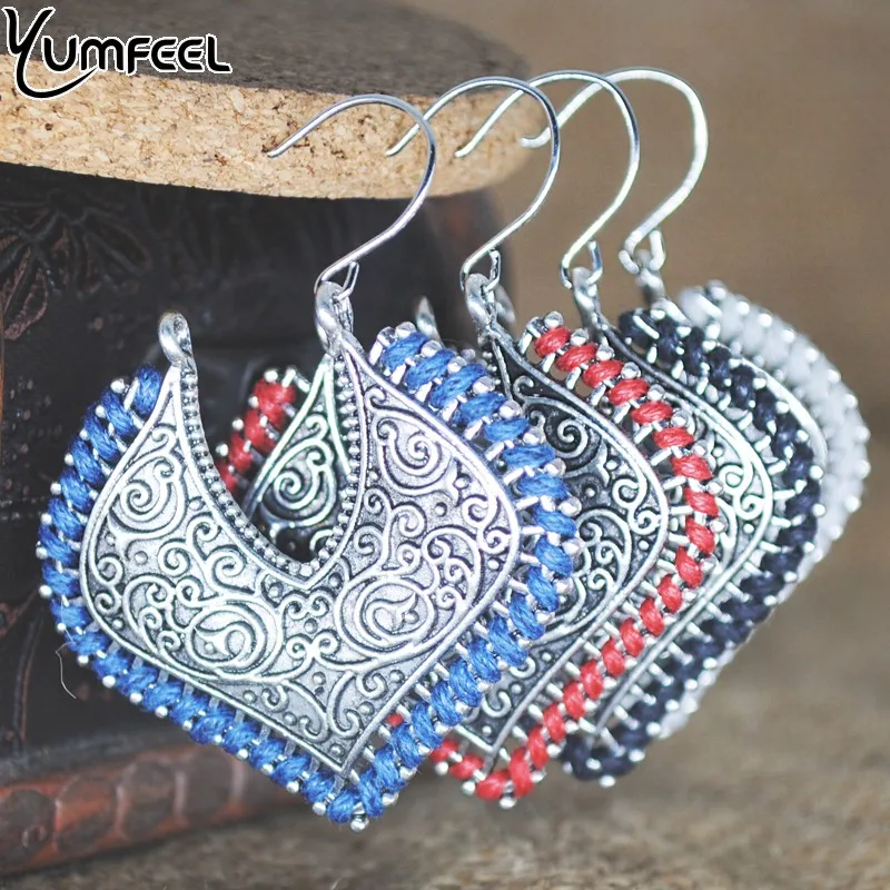 Yumfeel новые ручные нитки Винтажные серьги-кольца Серебрянные украшения в античном стиле покрытые 4 цвета красный синий бежевый черная серьга подарки богемные