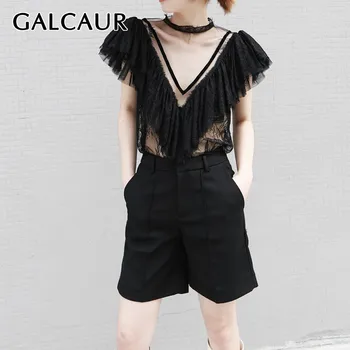 

GALCAUR Sexy Mesh Lace Patchwork Women Blouse O Neck Sleeve Off Shoulder Perspective Shirt Female Fashion 2020 Summer New