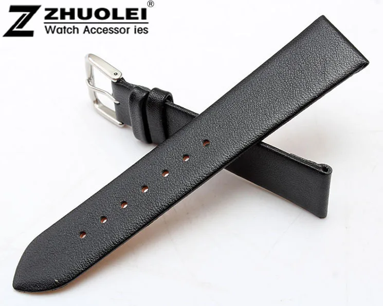 

12mm 14mm 16mm 18mm 19mm 20mm 22mm Black Genuine Leather Watchband Ultrathin Silver Stainless Steel Leather Strap