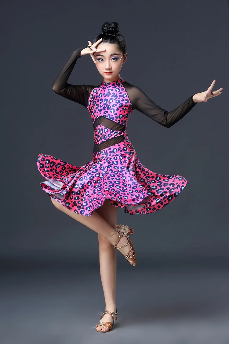 Платье для латинских танцев, Сетчатое платье с длинными рукавами и леопардовым принтом для девочек, платья для латинских соревнований