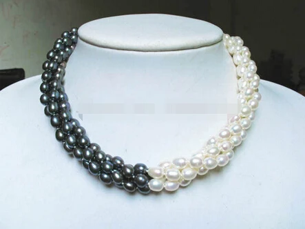 

Free shipping > white black freshwater pearl oval beads 3 strands twisted necklace