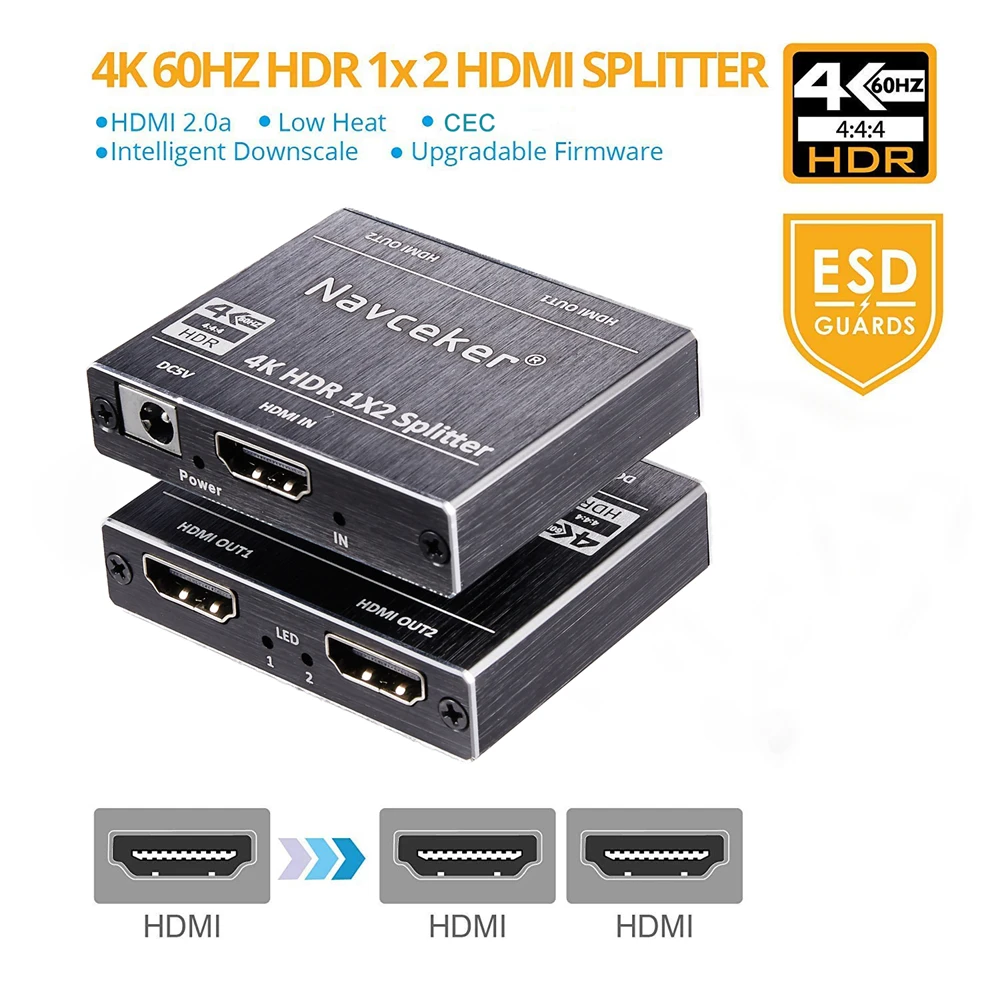 Navceker HDR 4K HDMI 2,0 сплиттер 1x2 Поддержка HDCP 2,2 3D HDMI сплиттер 2,0 4K 1 вход 2 выход переключатель коробка для Blu-Ray DVD HDTV