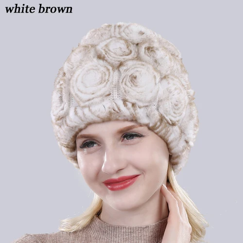 Новая Женская эластичная шапка с цветами, настоящий мех кролика, зимняя вязаная Цветочная шапка из натурального меха, женские пушистые шапки из натурального меха - Цвет: white brown