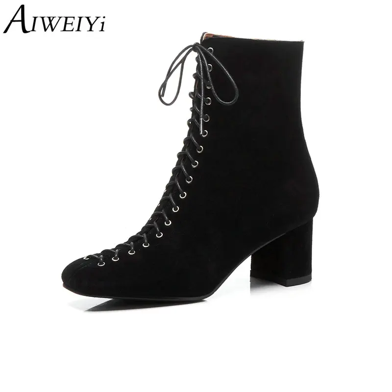 AIWEIYi Chelsea Boots Ankle Boots Fashion Women's Fashion Brand Suede Leather Lace Up Motorcycle Boots Martin Boots
