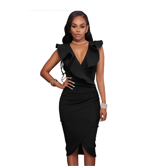 Sexy Bodycon Dress Asymmetry V Neck Sleeveless black Color Work Office ...