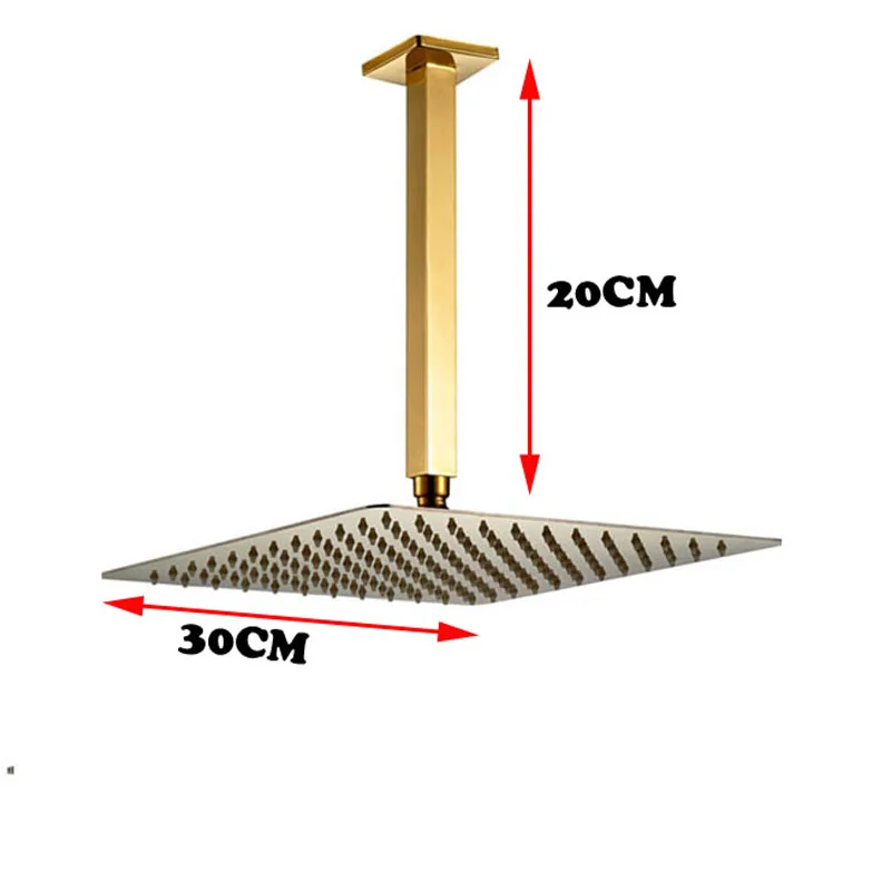 Golden 20cm Ceiling Mount Shower Arm 12 Rain Brass Shower Head
