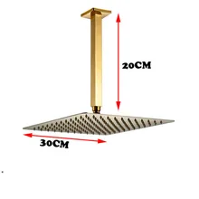 Golden 20cm Ceiling Mount Shower Arm 12 Rain Brass Shower Head
